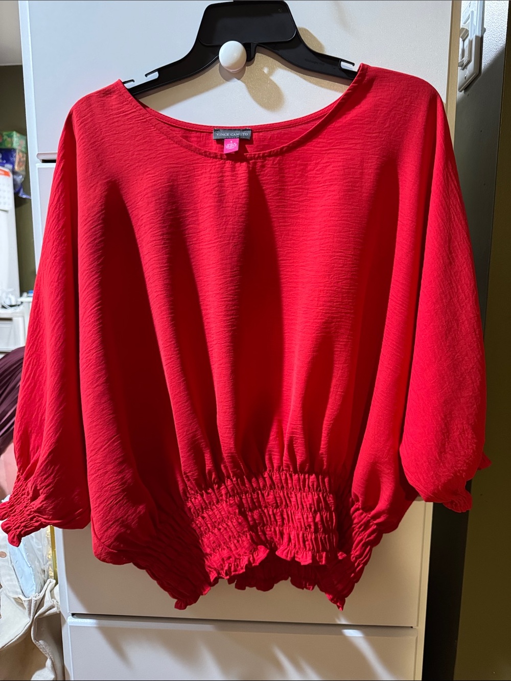 Vince Camuto Red Smocked Hem Balloon Sleeve Blouse